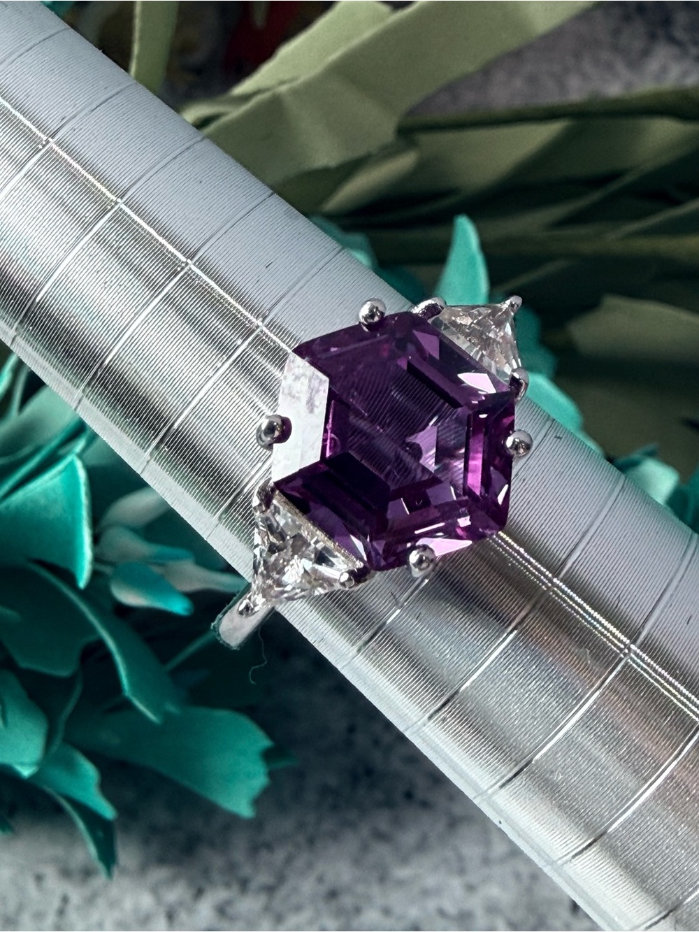 925 silver Elegant Purple Gemstone Three-Stone Ring
